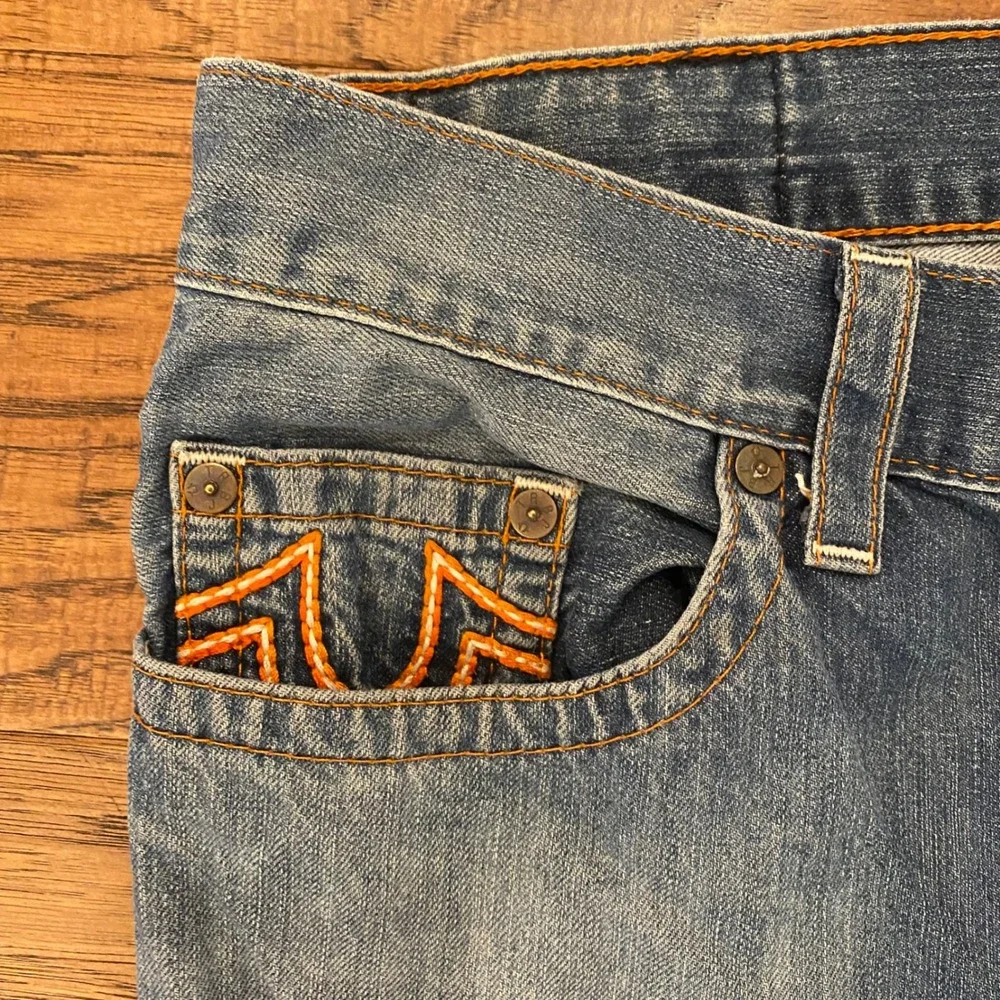True Religion Straight Leg Jeans Mens 36 Blue Orange Stitching Made in USA